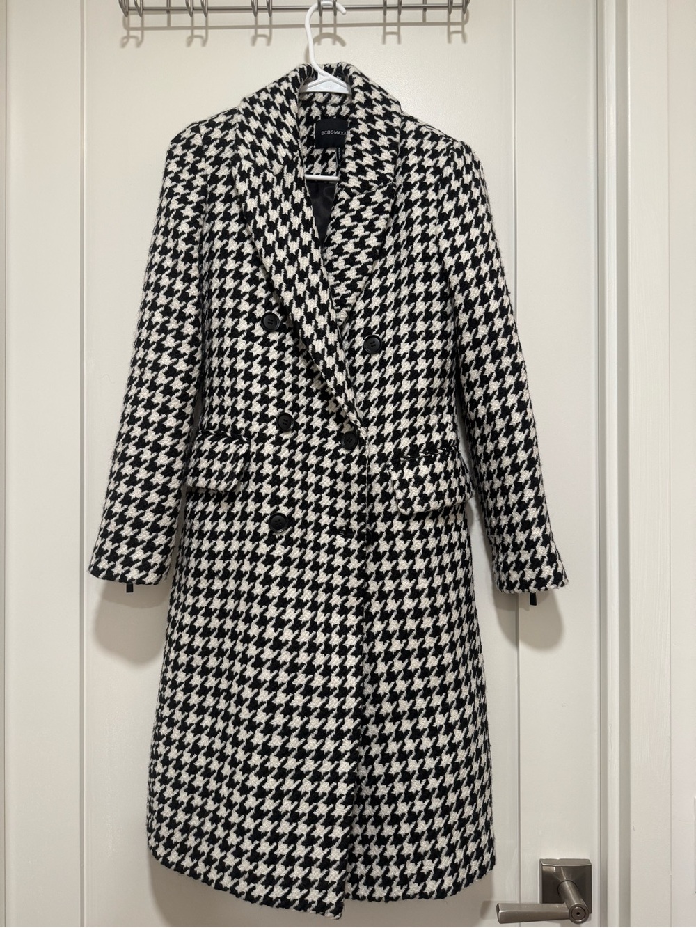 Double-Breasted BCBG Max Azria Houndstooth Wool Coat - Black & White